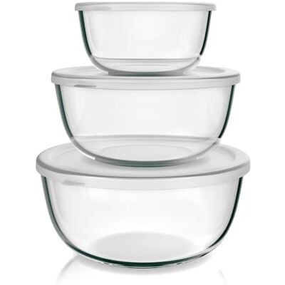 arendo Salladsskål av glas med lock, glasskål, set om 3, 1 100 ml + 2 700 ml + 4 400 ml – blandningsskålar små till stora – borosilikatglas – glasskål, salladsglasskål arendo Salladsskål av glas med lock, glasskål, set om 3, 1 100 ml + 2 700 ml + 4 400 ml – blandningsskålar små till stora – borosilikatglas – glasskål, salladsglasskål