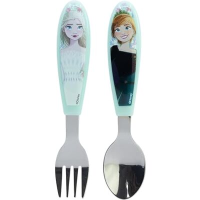 Stor Set med 2 bestick för barn i rostfritt stål, bestående av gaffel och sked från Frozen Stor Set med 2 bestick för barn i rostfritt stål, bestående av gaffel och sked från Frozen
