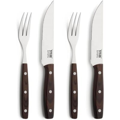 Amefa PORTERHOUSE Steak Bestick Set 4 delar 2 Steakmesser, 2 Steakgabeln Kunststoffgriffe i Holzoptik Wellenschliff Messer Rostfritt stål 13/0 högblank polering Med fodral Grill Zubehör Amefa PORTERHOUSE Steak Bestick Set 4 delar 2 Steakmesser, 2 Steakgabeln Kunststoffgriffe i Holzoptik Wellenschliff Messer Rostfritt stål 13/0 högblank polering Med fodral Grill Zubehör