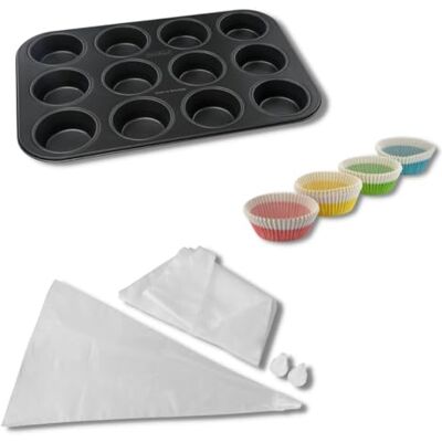 Zenker 9983850 Set med 3 muffinsredskap, form med 12 utskrifter, pappersformar, hylsficka, stål, papper, plast, svart, transparent, färgglad, 5 till 38,5 cm Zenker 9983850 Set med 3 muffinsredskap, form med 12 utskrifter, pappersformar, hylsficka, stål, papper, plast, svart, transparent, färgglad, 5 till 38,5 cm