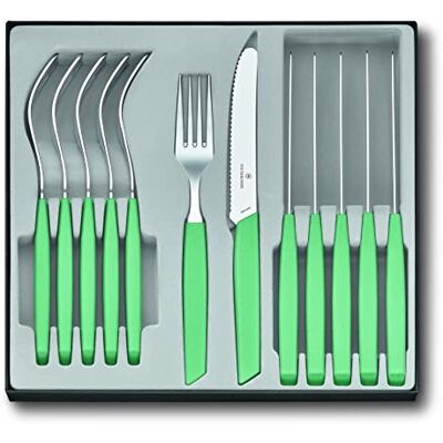 Victorinox modernt bestickset för 6 personer, set med 2, inkluderar vassa knivar, med vågig kant, plasthandtag, mintgrön Victorinox modernt bestickset för 6 personer, set med 2, inkluderar vassa knivar, med vågig kant, plasthandtag, mintgrön