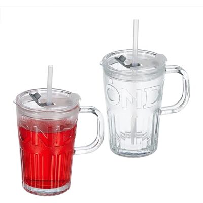 Relaxdays Dricksglas uppsättning av 2, muggar med lock och sugrör, limomugg 450 ml, glasbägare handtag, transparent Relaxdays Dricksglas uppsättning av 2, muggar med lock och sugrör, limomugg 450 ml, glasbägare handtag, transparent