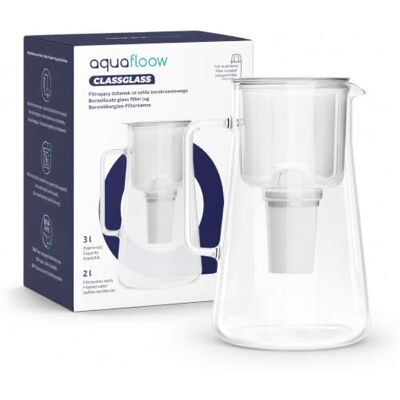 Aquafloow Glas Vattenfilterkanna 3L, borosilikatglas, BPA-fri, premiumdesign, diskmaskinssäker, inkl. filterkassett – för dricksvatten, reducerar kalk och klor, vit Aquafloow Glas Vattenfilterkanna 3L, borosilikatglas, BPA-fri, premiumdesign, diskmaskinssäker, inkl. filterkassett – för dricksvatten, reducerar kalk och klor, vit