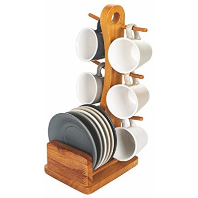 Tivoli Set med 6 kaffekoppar med stengods fat, trästativ, Shade of Stones, sorterad, medium Tivoli Set med 6 kaffekoppar med stengods fat, trästativ, Shade of Stones, sorterad, medium