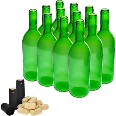 Browin 631473 Set med 12 gröna vinflaskor av glas, med en kapacitet på 750 ml bordeaux med kork och krympkåpor Browin 631473 Set med 12 gröna vinflaskor av glas, med en kapacitet på 750 ml bordeaux med kork och krympkåpor