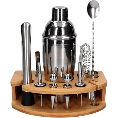 Bartenderset - 12-delars set i silverglans med bambusställning Bartenderset - 12-delars set i silverglans med bambusställning