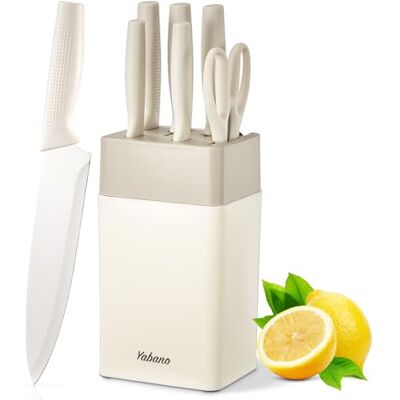 Yabano Kökskniv Set, Knivblockset 7-Delar, Kockkniv, Brödkniv, Trancherkniv, Kökssax, Universalkniv och Skalkniv, Universell Knivblock, Rostfritt Stål, Vit Yabano Kökskniv Set, Knivblockset 7-Delar, Kockkniv, Brödkniv, Trancherkniv, Kökssax, Universalkniv och Skalkniv, Universell Knivblock, Rostfritt Stål, Vit