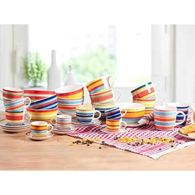 H&H Home, Set med 6 st. frukostmuggar i stenprogram, 100 ränder, utan tallrik, blandade färger, 530 cc – diskmaskinssäker och mikrovågsugnssäker H&H Home, Set med 6 st. frukostmuggar i stenprogram, 100 ränder, utan tallrik, blandade färger, 530 cc – diskmaskinssäker och mikrovågsugnssäker