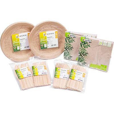 Heku 170-delars ekologiska engångsset "be green", FSC-certifierad, tysk kvalitet, 100% biologiskt nedbrytbar, med tallrikar, bestick och servetter, perfekt för evenemang och fester Heku 170-delars ekologiska engångsset "be green", FSC-certifierad, tysk kvalitet, 100% biologiskt nedbrytbar, med tallrikar, bestick och servetter, perfekt för evenemang och fester