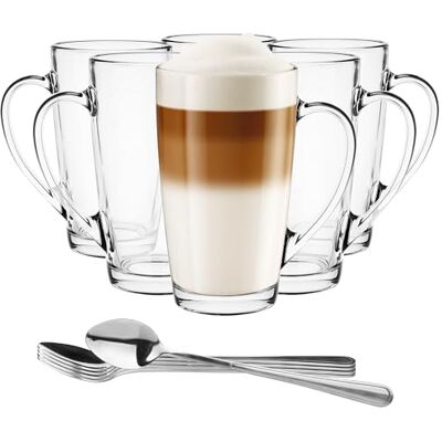 Glasmark KROSNO 1992 Klar glas kaffeglas set med 6 400 ml termiska glas med teskedar latte cappuccino Glasmark KROSNO 1992 Klar glas kaffeglas set med 6 400 ml termiska glas med teskedar latte cappuccino