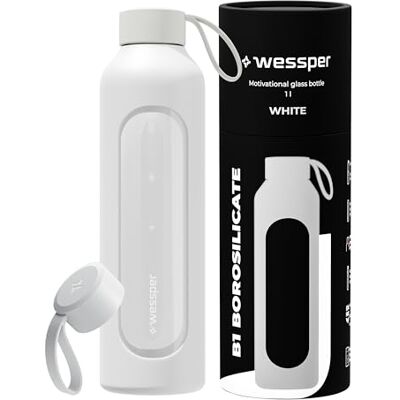 Wessper Termosflaska glas 1 l med tidsmarkeringar, BPA-fri drickmotivation, borosilikat, vattenflaska, lufttät glasflaska med bambulock, återanvändbar med silikonfodral – vit Wessper Termosflaska glas 1 l med tidsmarkeringar, BPA-fri drickmotivation, borosilikat, vattenflaska, lufttät glasflaska med bambulock, återanvändbar med silikonfodral – vit