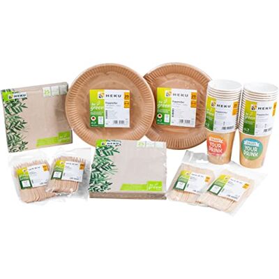 Heku 210-delars ekologiska engångsset "be green", I FSC-certifierad I tysk kvalitet, 100% biologiskt nedbrytbar, med tallrikar, bestick, servetter, pappersmuggar I perfekt för evenemang och fester Heku 210-delars ekologiska engångsset "be green", I FSC-certifierad I tysk kvalitet, 100% biologiskt nedbrytbar, med tallrikar, bestick, servetter, pappersmuggar I perfekt för evenemang och fester