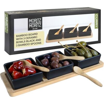 Moritz & Moritz Serveringsfat, 7 delar, med currydipskålar, bambubricka med keramisk skål, bambusked, för förrätt, såser och snacks Moritz & Moritz Serveringsfat, 7 delar, med currydipskålar, bambubricka med keramisk skål, bambusked, för förrätt, såser och snacks
