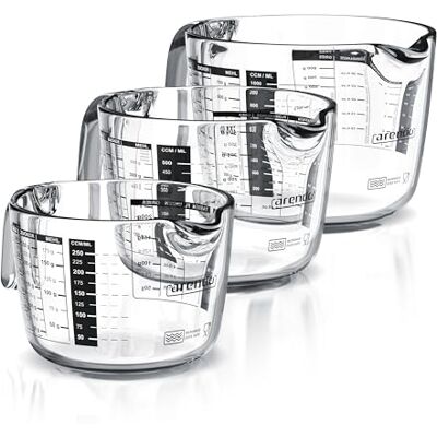 arendo – mätbägare, set av borosilikatglas – storlekar 1 000 ml, 500 ml 250 ml (1 l 0,5 l 0,250 l) – mätkanna glas och kanna – exakt skala – värmebeständig – lämplig för mikrovågsugnar – kökskniv arendo – mätbägare, set av borosilikatglas – storlekar 1 000 ml, 500 ml 250 ml (1 l 0,5 l 0,250 l) – mätkanna glas och kanna – exakt skala – värmebeständig – lämplig för mikrovågsugnar – kökskniv
