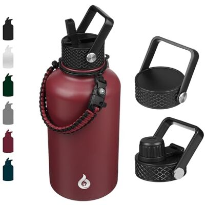 BJPKPK Halv gallon isolerade vattenflaskor med sugrörslock, 1,8 dl stor, rostfritt stål med 3 lock och paracordhandtag för varm och kall vätska, tegelröd BJPKPK Halv gallon isolerade vattenflaskor med sugrörslock, 1,8 dl stor, rostfritt stål med 3 lock och paracordhandtag för varm och kall vätska, tegelröd