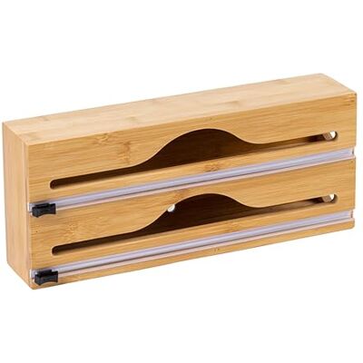 Relaxdays foliedispenser, 2 rullar, låda, bambu, HxBxD: 14 x 33 x 7 cm, köksfilmskärare, foliehållare, naturlig Relaxdays foliedispenser, 2 rullar, låda, bambu, HxBxD: 14 x 33 x 7 cm, köksfilmskärare, foliehållare, naturlig