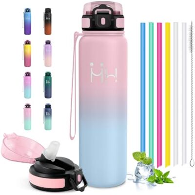 JAPORIA Botella Térmica 1 L, återanvändbar vattenflaska, dubbelväggig vattenflaska med sugrör, perfekt för lagsport, löpning, vandring, camping JAPORIA Botella Térmica 1 L, återanvändbar vattenflaska, dubbelväggig vattenflaska med sugrör, perfekt för lagsport, löpning, vandring, camping