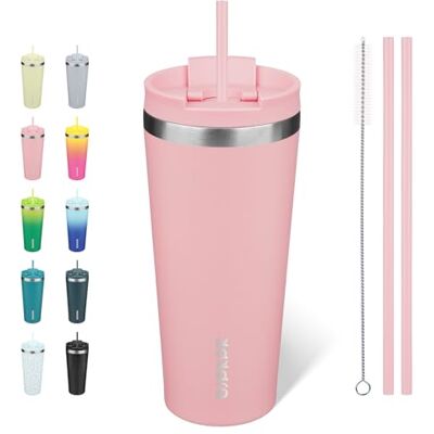 BJPKPK 645 ml tumlare med lock och sugrör rostfritt stål resekaffemugg isolerade glas koppar, ljusrosa BJPKPK 645 ml tumlare med lock och sugrör rostfritt stål resekaffemugg isolerade glas koppar, ljusrosa