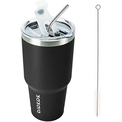 BJPKPK 8,5 dl rostfritt stål tumlare med lock och sugrör isolerad resekaffemugg återanvändbar metall termisk kopp, svart BJPKPK 8,5 dl rostfritt stål tumlare med lock och sugrör isolerad resekaffemugg återanvändbar metall termisk kopp, svart