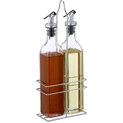 Relaxdays vinäger och oljedispenserset, 500 ml glasflaskor, järnram, hällpip, HBT: 34 x 13,5 x 7,5 cm, transparent Relaxdays vinäger och oljedispenserset, 500 ml glasflaskor, järnram, hällpip, HBT: 34 x 13,5 x 7,5 cm, transparent