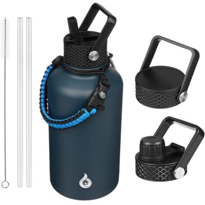 BJPKPK Halv gallon isolerade vattenflaskor med sugrörslock, 2 dl stor, rostfritt stål vattenflaskor med 3 lock och paracordhandtag för varm och kall vätska, marinblå BJPKPK Halv gallon isolerade vattenflaskor med sugrörslock, 2 dl stor, rostfritt stål vattenflaskor med 3 lock och paracordhandtag för varm och kall vätska, marinblå