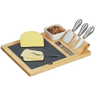 Relaxdays ostbricka med skifferplatta, 3-delat ostbestick, dippskål, 4 serveringsgafflar, ostbricka i bambu, natur/svart Relaxdays ostbricka med skifferplatta, 3-delat ostbestick, dippskål, 4 serveringsgafflar, ostbricka i bambu, natur/svart