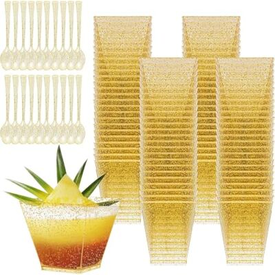 KOOSREEL Dessertkoppar, 50 st 60 ml/2 oz guldkoppar med 50 skedar minidessertmuggar återanvändbara dessertglas i plast för skum, Tiramisu, födelsedag KOOSREEL Dessertkoppar, 50 st 60 ml/2 oz guldkoppar med 50 skedar minidessertmuggar återanvändbara dessertglas i plast för skum, Tiramisu, födelsedag