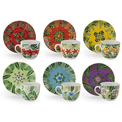 Excelsa 64274 Mandala tropiskt set med 6 kaffekoppar med tefat, 90 ml, flerfärgad, porslin Excelsa 64274 Mandala tropiskt set med 6 kaffekoppar med tefat, 90 ml, flerfärgad, porslin