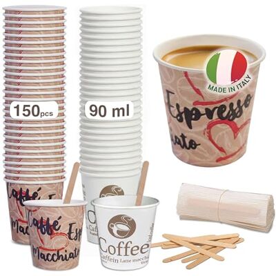 Caffetti 150 koppar kaffe 3 oz + 150 skopor, 90 ml pappersmuggar tillverkade i Italien, återvinningsbart björkträ engångsskopa, för restaurang, kontor, upptagen, bar, espresso Caffetti 150 koppar kaffe 3 oz + 150 skopor, 90 ml pappersmuggar tillverkade i Italien, återvinningsbart björkträ engångsskopa, för restaurang, kontor, upptagen, bar, espresso