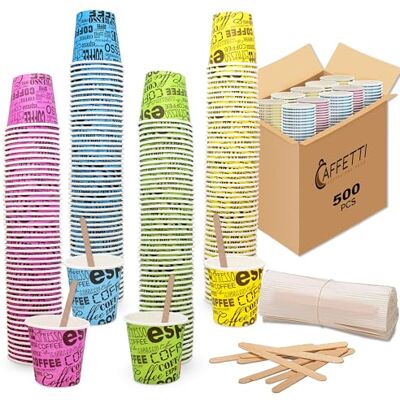 Caffetti Set 500 Kaffekoppar + 500 skopor Glasögon 75 ml 2,5 oz i färgat papper och återvinningsbara stekpannor, för restaurang, kontor, takeport, bar, espresso Caffetti Set 500 Kaffekoppar + 500 skopor Glasögon 75 ml 2,5 oz i färgat papper och återvinningsbara stekpannor, för restaurang, kontor, takeport, bar, espresso