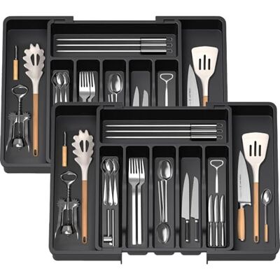 HIYAA Utdragbar redskapsbricka för låda, bestickställ, lådorganisatör för kök, plastförvaring för bestick, skedar, gafflar, etc,svart, 2 st HIYAA Utdragbar redskapsbricka för låda, bestickställ, lådorganisatör för kök, plastförvaring för bestick, skedar, gafflar, etc,svart, 2 st