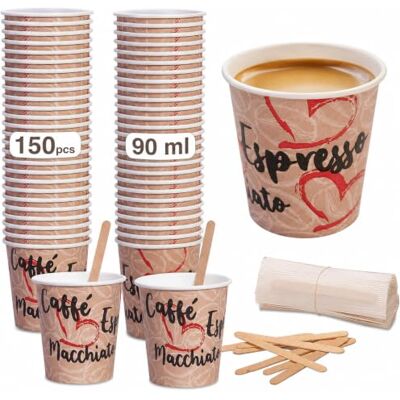 Caffetti 150 koppar kaffe 3 oz + 150 skopor, 90 ml pappersmuggar tillverkade i Italien, återvinningsbart björkträ engångsskopa, för restaurang, kontor, upptagen, bar, espresso Caffetti 150 koppar kaffe 3 oz + 150 skopor, 90 ml pappersmuggar tillverkade i Italien, återvinningsbart björkträ engångsskopa, för restaurang, kontor, upptagen, bar, espresso