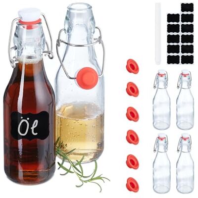 Relaxdays glasflaskor, set med 6, 250 ml vardera, med etiketter och svängtopp, påfyllningsbar, för oljor, vinäger, likör, klar, plast, rostfritt stål Relaxdays glasflaskor, set med 6, 250 ml vardera, med etiketter och svängtopp, påfyllningsbar, för oljor, vinäger, likör, klar, plast, rostfritt stål