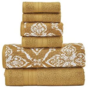 Modern Threads Amaris 6-delat vändbart garnfärgat jacquardhandduksset – badhanddukar, handdukar och tvättlappar – superabsorberande och snabbtorkande – 100% kammad bomull, guld Modern Threads Amaris 6-delat vändbart garnfärgat jacquardhandduksset – badhanddukar, handdukar och tvättlappar – superabsorberande och snabbtorkande – 100% kammad bomull, guld
