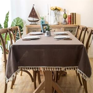 BHJJSMGS Cotton Linen Solid Color Round Tablecloth with Tassels for Dining Kitchen Home Tabletop Decoration, Red, (Color : Brown, Size : 55" x 98")