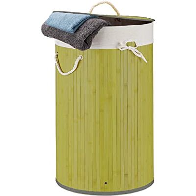 Relaxdays Bambu tvättkorg, vikbar tvättkorg med lock, volym 70 liter, tvättpåse bomull, rund Ø 41 cm, grön Relaxdays Bambu tvättkorg, vikbar tvättkorg med lock, volym 70 liter, tvättpåse bomull, rund Ø 41 cm, grön