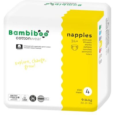 Bambiboo COTTONWEAR Babyblöjor Engångsblöjor Storlek 4 Maxi (9-14 med Ekologisk Bomull, Växtbaserade Tyger, Våtindikator, 3D-volanger Doftfri, Klorfri 24 st. Bambiboo COTTONWEAR Babyblöjor Engångsblöjor Storlek 4 Maxi (9-14 med Ekologisk Bomull, Växtbaserade Tyger, Våtindikator, 3D-volanger Doftfri, Klorfri 24 st.