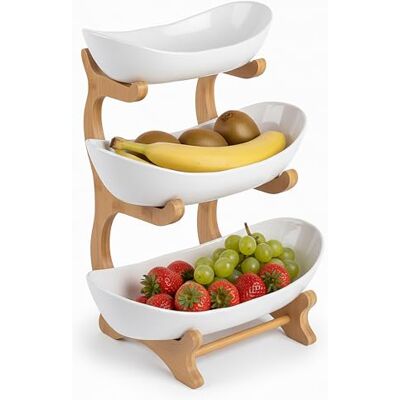 Relaxdays Bambu fruktställ, 3 nivåer, HWD: 34 x 25 x 10 cm, våningsskål, frukt och grönsaker, köksfrukthållare, naturlig/vit Relaxdays Bambu fruktställ, 3 nivåer, HWD: 34 x 25 x 10 cm, våningsskål, frukt och grönsaker, köksfrukthållare, naturlig/vit
