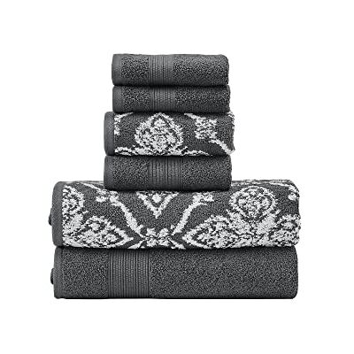 Modern Threads Amaris 6-delat vändbart garnfärgat jacquardhandduksset – badhanddukar, handdukar och tvättlappar – superabsorberande och snabbtorkande – 100% kammad bomull, kol Modern Threads Amaris 6-delat vändbart garnfärgat jacquardhandduksset – badhanddukar, handdukar och tvättlappar – superabsorberande och snabbtorkande – 100% kammad bomull, kol