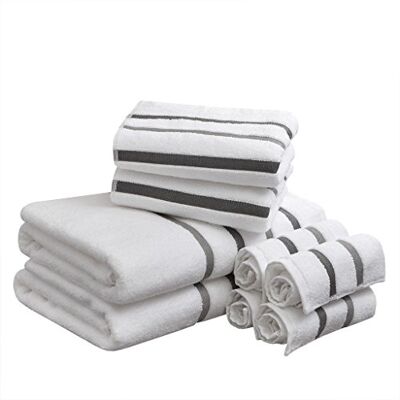 Comfort Spaces Bomull 8-delad badhandduk set randig ultramjuk hotellkvalitet snabbtorkande absorberande badrum dusch hand ansiktstvättlappar, flera storlekar, noll vridning kol Comfort Spaces Bomull 8-delad badhandduk set randig ultramjuk hotellkvalitet snabbtorkande absorberande badrum dusch hand ansiktstvättlappar, flera storlekar, noll vridning kol