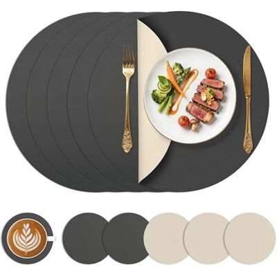 KitchenBoss tvättbara placemats Ø 38 cm, 6-pack runda placemats i läderlook med underlägg, värmetåliga, dubbelsidiga och vattentäta, antracitgrå + beige KitchenBoss tvättbara placemats Ø 38 cm, 6-pack runda placemats i läderlook med underlägg, värmetåliga, dubbelsidiga och vattentäta, antracitgrå + beige