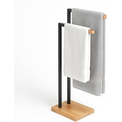 Relaxdays handdukshängare, handduksställ med 2 stänger, svart/natur för handdukar och badlakan, järn och bambu Relaxdays handdukshängare, handduksställ med 2 stänger, svart/natur för handdukar och badlakan, järn och bambu