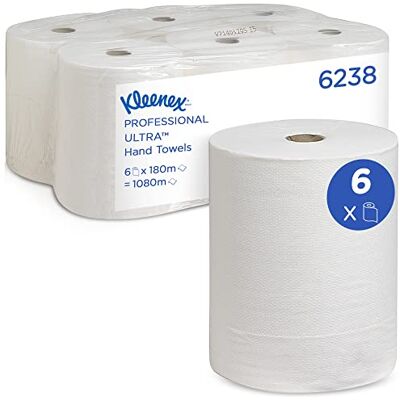Kleenex Ultra pappershandduksrulle 6238 – 2-lagers pappershanddukar – 6 rullar x 180 m vita handdukar (insg. 1 080 m) Kleenex Ultra pappershandduksrulle 6238 – 2-lagers pappershanddukar – 6 rullar x 180 m vita handdukar (insg. 1 080 m)