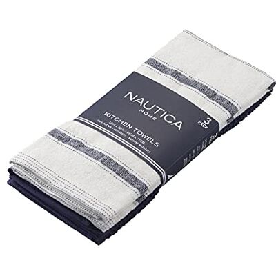 Nautica Kökshanddukar i 100% bomull, set med 3, 45 cm x 71 cm, superabsorberande, återanvändbara rengöringsdukar, kökshanddukar, handdukar för torkning av disk, marinblå/vit randiga handdukar för kök Nautica Kökshanddukar i 100% bomull, set med 3, 45 cm x 71 cm, superabsorberande, återanvändbara rengöringsdukar, kökshanddukar, handdukar för torkning av disk, marinblå/vit randiga handdukar för kök