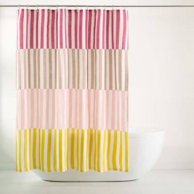 TOWN & COUNTRY PLAY STAD & LAND PLAY Adeline offset rand bomullsrikt andningsbart tyg duschdraperi med anti-rost öljetter, rosa/beige/gul, 178 cm x 183 cm TOWN & COUNTRY PLAY STAD & LAND PLAY Adeline offset rand bomullsrikt andningsbart tyg duschdraperi med anti-rost öljetter, rosa/beige/gul, 178 cm x 183 cm