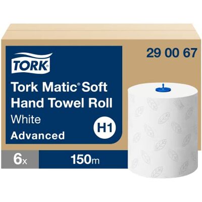 Tork Matic handduk på rulle Advanced 290067 H1 pappershanddukar till dispenser, mjuk, stark, 2-lag, vit 6 x 150 m Tork Matic handduk på rulle Advanced 290067 H1 pappershanddukar till dispenser, mjuk, stark, 2-lag, vit 6 x 150 m