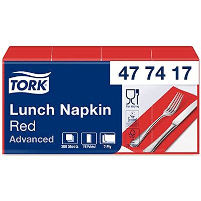 Tork Lunchservett Röd, 1/8-vikt 2-lagers, 33 cm x 33 cm, 10 x 200 servetter, 477417 Tork Lunchservett Röd, 1/8-vikt 2-lagers, 33 cm x 33 cm, 10 x 200 servetter, 477417