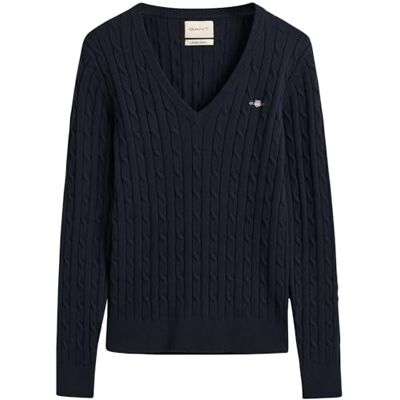 GANT Dam stretch bomull kabel V-hals tröja Evening Blue, standard, Kvällsblå, M GANT Dam stretch bomull kabel V-hals tröja Evening Blue, standard, Kvällsblå, M