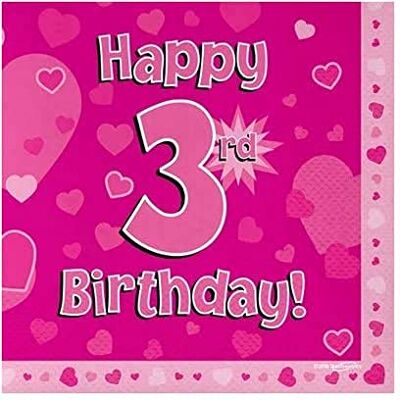 OakTree 'Happy 3rd Birthday' rosa 33 cm x 33 cm 3-lagers servetter 16 st OakTree 'Happy 3rd Birthday' rosa 33 cm x 33 cm 3-lagers servetter 16 st
