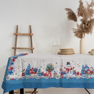 PENSIERI DELICATI , Bordsduk 145 x 250 cm, 100% bomull panama bordsöverdrag för 12 personer, digitalt högupplöst tryck, blå snögubbar, rektangulär bordsduk PENSIERI DELICATI , Bordsduk 145 x 250 cm, 100% bomull panama bordsöverdrag för 12 personer, digitalt högupplöst tryck, blå snögubbar, rektangulär bordsduk